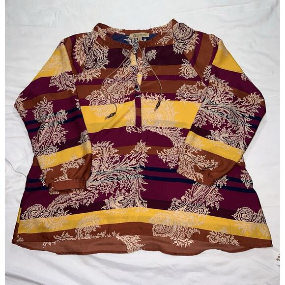 Democracy Top Tunic Plus Size 1X Paisley Multicolored Striped Shirt Tie Beads - Picture 1 of 11